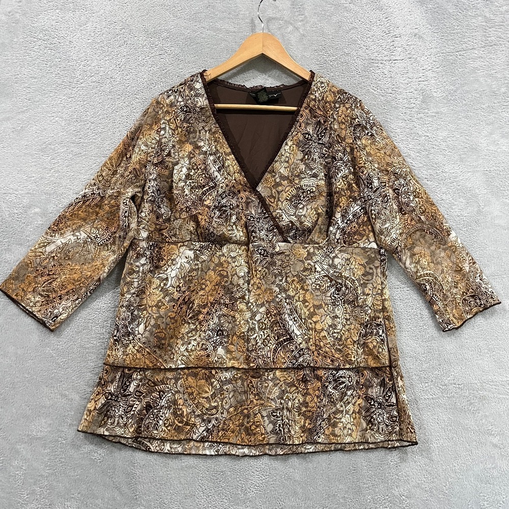 VENEZIA Blouse Top 18/ 20 Y2K Lace Brown Crossover Chest Tiered Layered Boho